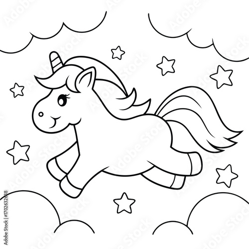 Cartoon unicorn flying among clouds and stars illustration
