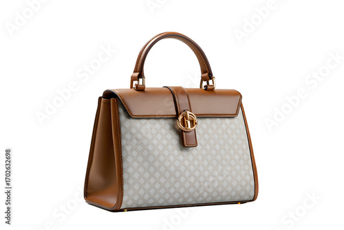 Elegant tan and white handbag isolated on white background
