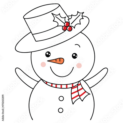 Cheerful snowman with orange nose and holly hat cartoon