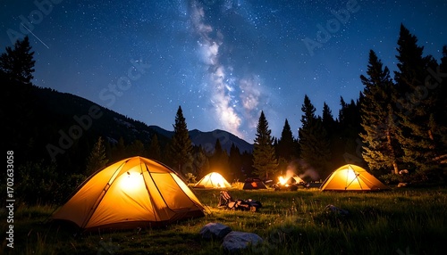 Camping Under the Stars Tents Glowing Under Night Sky