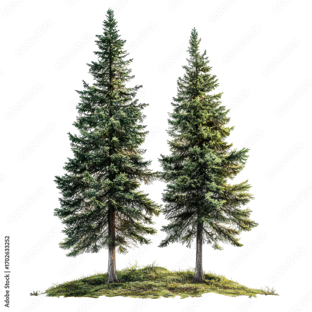 Fototapeta premium Pine tree forest nature, A serene pine tree forest filled with tall, lush trees, creating a peaceful natural environment, isolated on transparent background