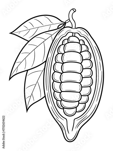 Hand drawn illustration of a ripe cocoa pod cut open showing beans