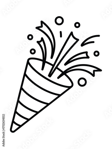 Simple outline drawing of a party popper exploding with confetti
