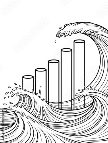 Financial growth chart bars submerged by a large ocean wave