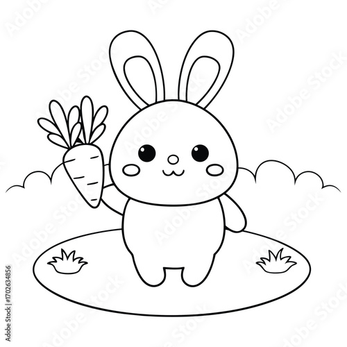 Cute bunny holding carrot in grassy field rabbit cartoon