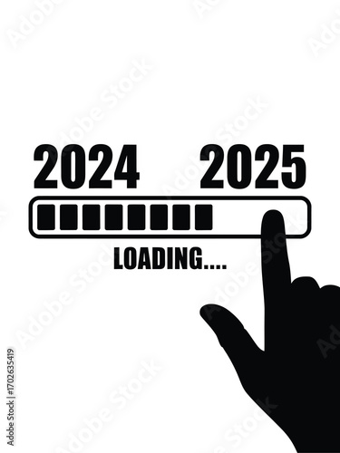 Finger pressing loading bar transitioning from 2024 to 2025