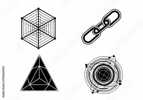 acred geometry icon set with geometric shapes including hexagons, triangles, and mandalas for spiritual and abstract design projects.