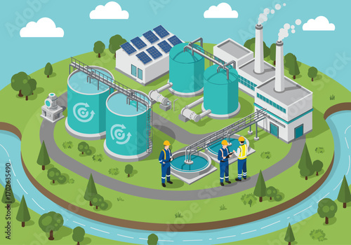 Eco-friendly water treatment plant with solar panels, recycling tanks, engineers, clean energy factory, sustainable water facility, vector illustration