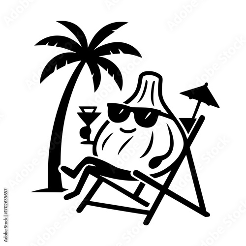 Relaxing dumpling character on the beach with sunglasses and a cocktail in a fun style