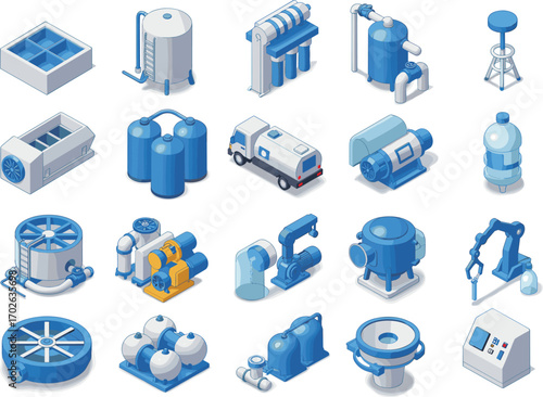 Industrial water treatment plant equipment, purification systems, filtration tanks, pumps, robotic arms, piping, factory automation, 3D isometric vector set illustration