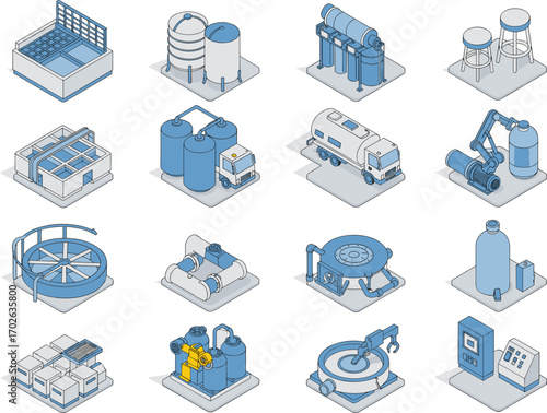 Industrial water treatment plant equipment, purification systems, filtration tanks, pumps, robotic arms, piping, factory automation, 3D isometric vector set illustration