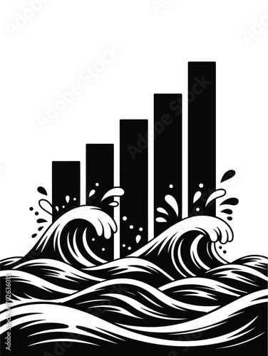 Financial growth chart submerged in turbulent ocean waves
