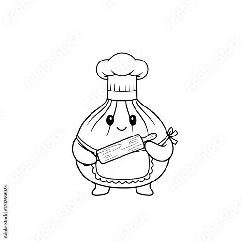 Cute dumpling character in an apron and chef hat holding a rolling pin in a playful style