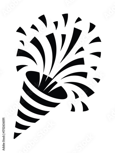 Black and white exploding party popper with confetti and streamers