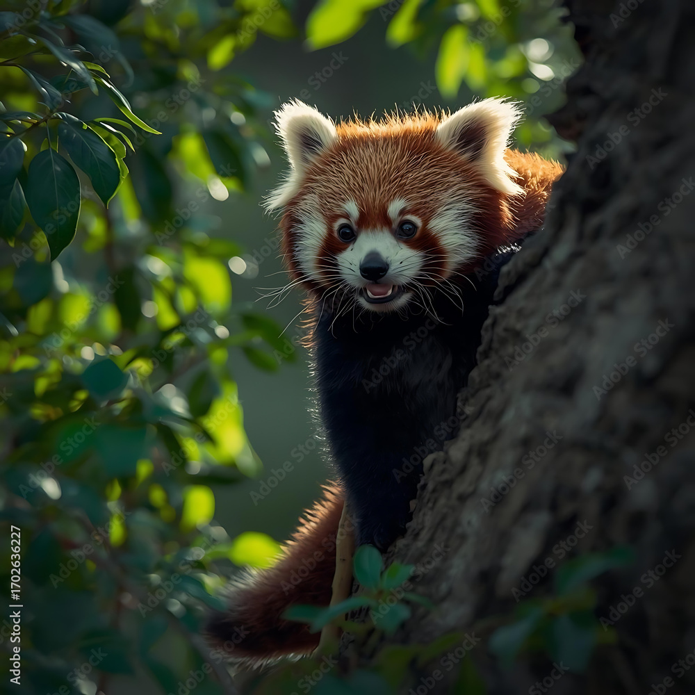 Obraz premium Smiling red panda climbing tree in dense forest habitat