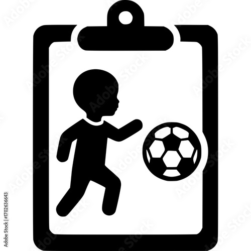 Soccer Player Icon: Simple silhouette depicts a soccer player alongside a soccer ball, set against the backdrop of a clipboard, conveying the essence of sports training.