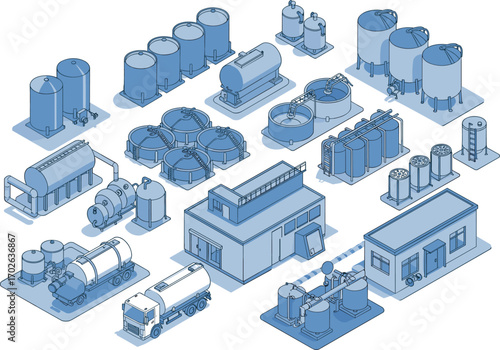 Isometric industrial water treatment and filtration systems, tanks, pipes, machinery, transport trucks, blue line vector set illustration
