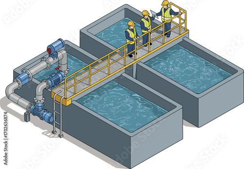 Isometric water treatment plant with engineers, filtration tanks, industrial pumps, clean water system, wastewater facility, 3D vector illustration