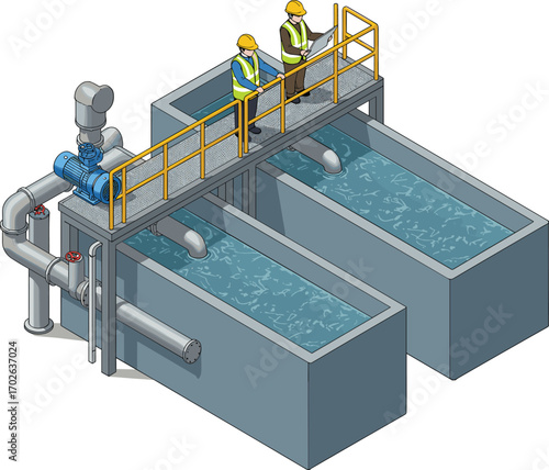 Isometric water treatment plant with engineers, filtration tanks, industrial pumps, clean water system, wastewater facility, 3D vector illustration