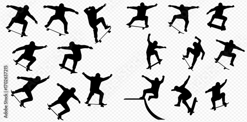 A collection of black silhouettes depicting skateboarders performing various dynamic tricks and poses.