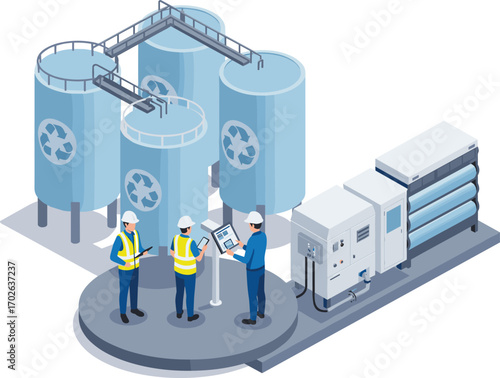 Water recycling plant with engineers, monitoring system, filtration units, industrial tanks, control panel, clean technology, isometric vector illustration