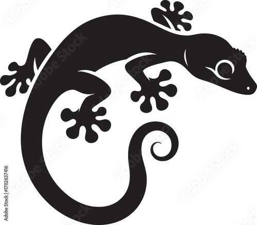 Silhouette of a playful gecko with curly tail climbing and clinging with its sticky feet