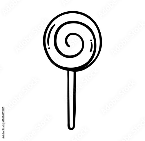 Swirl Lollipop Delight: A simplistic yet captivating black and white illustration of a circular lollipop on a stick, the iconic spiral pattern symbolizing sweetness and a childlike sense of joy.