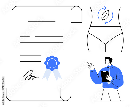 Scroll with certification ribbon, human torso showing healthy digestion, clipboard holder indicating guidance. Ideal for health, certification, education, wellness, lifestyle, guidance professional