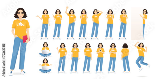 Young beautiful student woman in different poses and expressions set. Isolated vector illustration