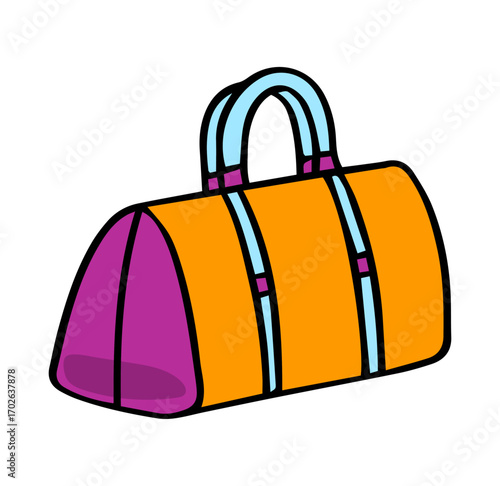 Colorful Travel Bag: A stylish, vividly illustrated travel bag ready for adventures, with a vibrant orange body, purple accents, and sturdy blue handles, embodying travel and leisure.