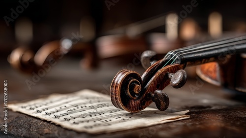 Close-up of violin scroll and sheet music on a wooden surface