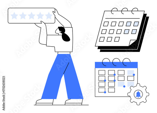 Person holding five-star rating as calendar and gear settings represent feedback, planning, and organization. Ideal for productivity, scheduling, goal setting, time management, reviews, teamwork