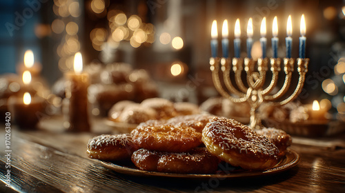 Festive hanukkah celebration with menorah flames andtraditional food