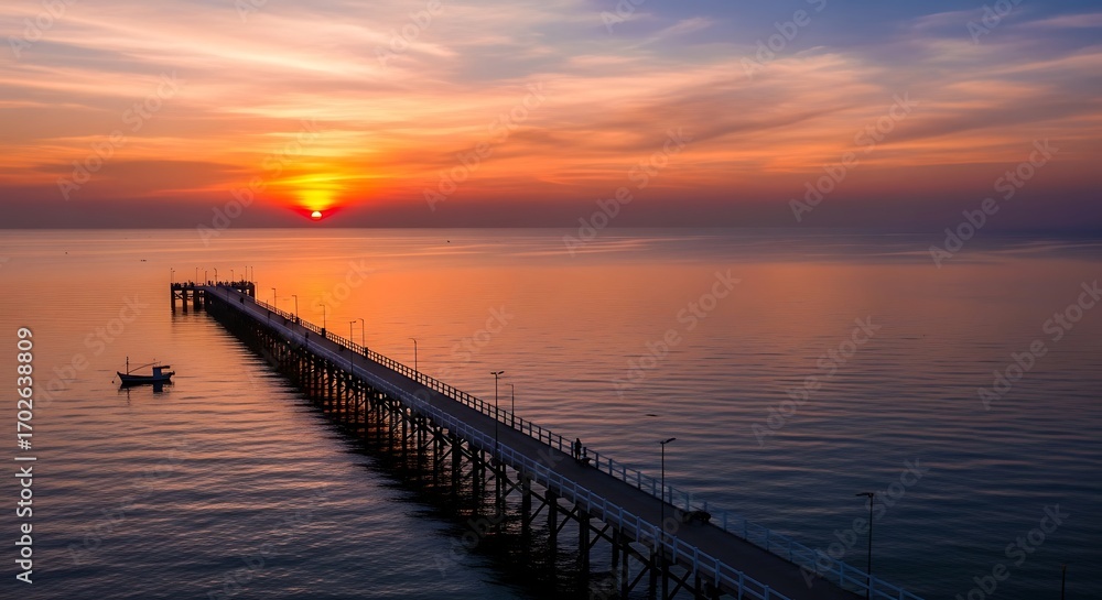 Fototapeta premium Serene Sunset Pier Landscape with Calm Ocean.