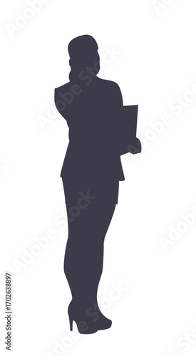 Confident Professional Silhouette: A poised and professional silhouette of a woman, clutching a portfolio, exudes confidence and authority. Ideal for business or corporate themes.