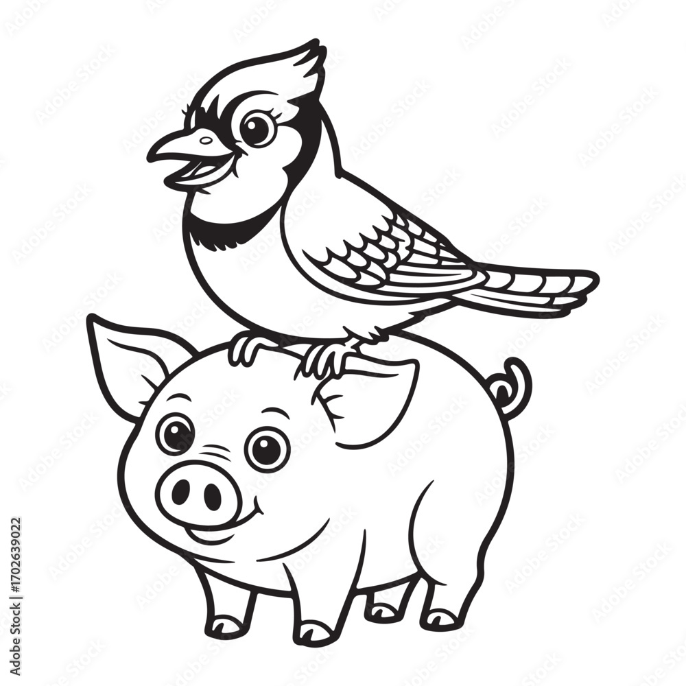 Obraz premium Cute blue jay perched atop a happy piglet silhouette white background