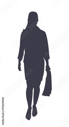 Walking silhouette: A minimalist, aesthetic representation of a lady's silhouette, walking with poise and purpose, carrying a bag in her hand. A symbolic, artistic statement.