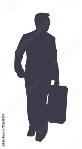 Business Journey: A silhouetted figure of a businessman strides confidently, clutching a briefcase, symbolizing ambition and determination in the professional world.