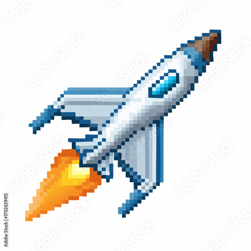 Pixel Art Rocket Icon Launching into Space for Sci-Fi Projects