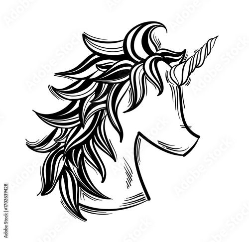 Mystical Unicorn Sketch: A stunning monochrome sketch of a unicorn head, adorned with flowing mane and spiraled horn, captures the mythical essence.