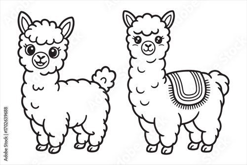 Cute cartoon llamas for coloring and design silhouette white background
