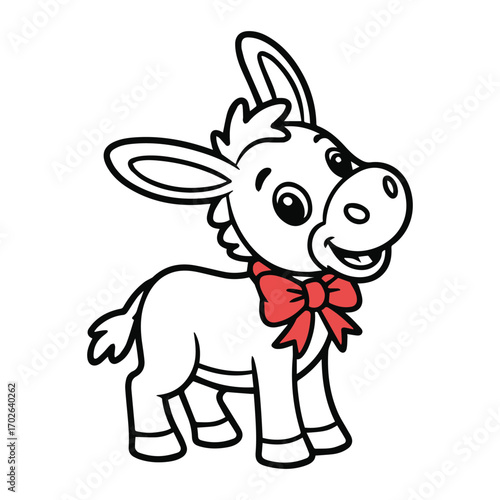 Cute cartoon donkey with red bow tie adorable animal silhouette white background