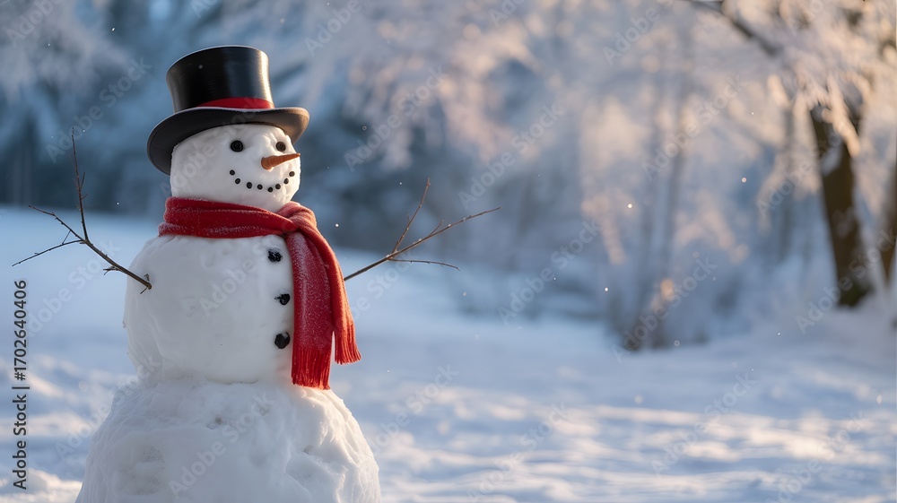 Obraz premium A cheerful snowman wearing a black top hat and a red scarf stands in a snowy winter landscape with trees in the background