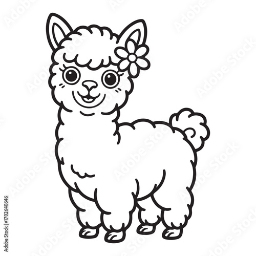 Cute fluffy alpaca with flower outline drawing silhouette white background