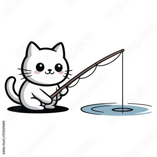 A simple, round, cute white cat fishing with a rod in a small pond, curious expression.