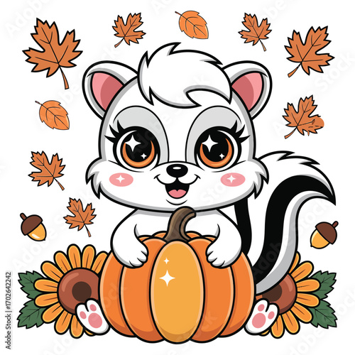 A super cute skunk in an autumn harvest theme, in sparkling kawaii style, holding a pastel pumpkin and surrounded by autumn leaves, sunflowers and acorns.
