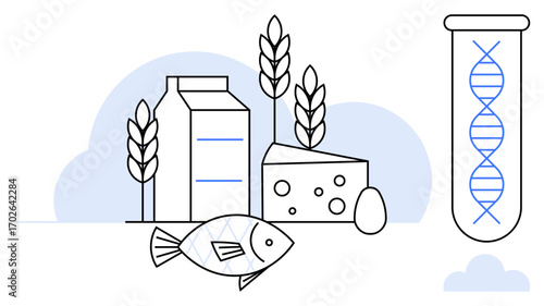 Dairy box, cheese, fish, wheat stalks, egg, and DNA strand in a test tube. Ideal for genetics, biotechnology sustainability agriculture nutrition health science food industry. Simple flat