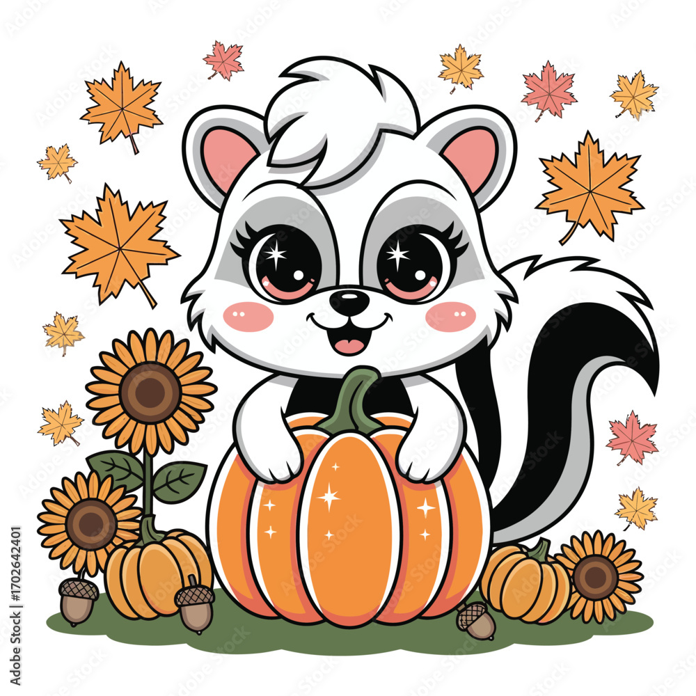 Obraz premium A super cute skunk in an autumn harvest theme, in sparkling kawaii style, holding a pastel pumpkin and surrounded by autumn leaves, sunflowers and acorns.