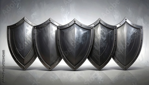 Five metallic shields in a row