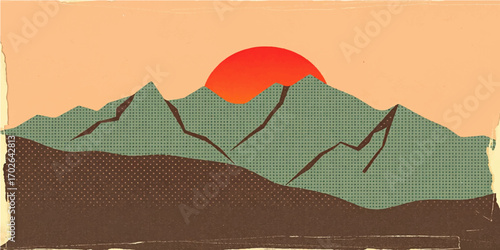 Vector illustration of a mountain landscape with a fiery sunset sky and silhouette trees